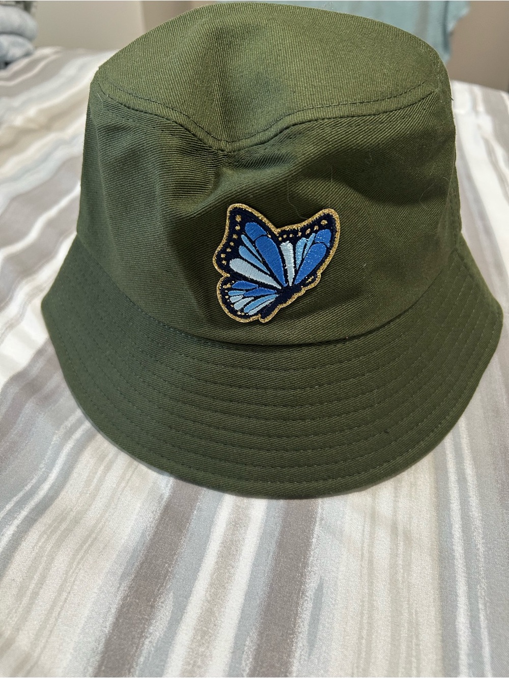 Embroidered Blue Butterfly Olive Green Bucket Hat Size 58cm Cotton